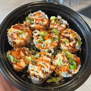 Salmon Roll. Salmon, cucumber, crab meat, and avocado.