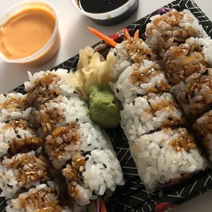Garden Roll : red cabbage, carrot, cucumber, sesame seed w/ eel sauce (only saw on their Door Dash) extra eel sauce &amp; spicy mayo. So good!