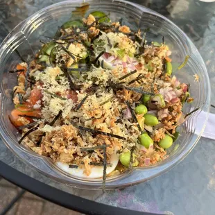 Dbl salmon, brn rice, onions, jalapeños crispy fixins, egg - FRESH &amp; DELISH