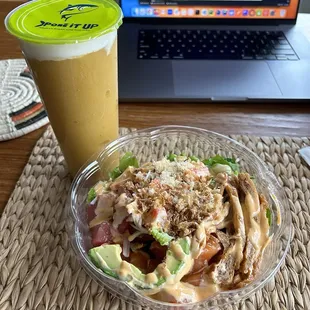 Tuna and salmon poke bowl, Cold Mango Slush with Oolong Tea Milk Foam