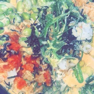 Medium bowl with spicy tuna, spicy crabmeat/shrimp mix, with cucumbers, edamame, seaweed, spicy mayo, ponzu sauce, and avocado.
