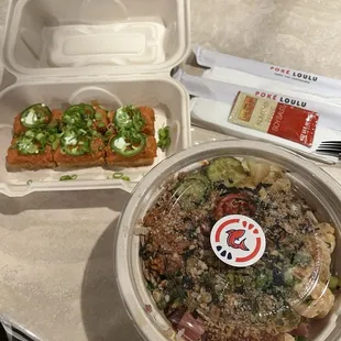 Crispy rice and a large poke bowl.