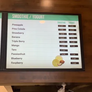a menu for smoothie and yogurt