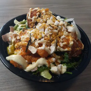 My large bowl with the works ($17). 2 proteins, half salad half rice, all the toppings.