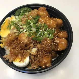 Sesame Chicken Rice Bowl &amp; Tempura Shrimp. Quite a lot of food