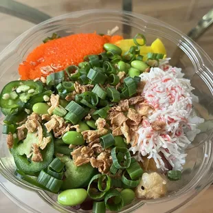Octopus and shrimp proteins with crab salad and veggies