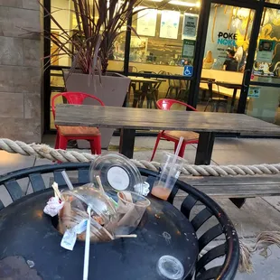 Trash was overflowing for over an hour. Trash had fallen around on the floor. No one seemed to care about condition of patio.