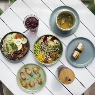 a variety of food items on a table