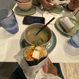 Sushi burrito and Miso Soup