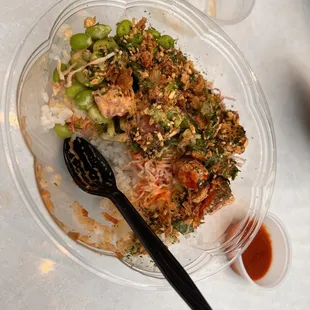 2 scoops of tuna with yuzu sauce and rice and toppings. Delicious!