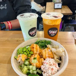 a bowl of food and a drink