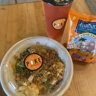 My order poke bowl, grapefruit tea with aloe &amp; lychee jelly, awesome brand of chips