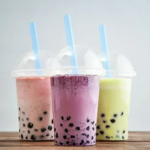 three different bubble tea drinks