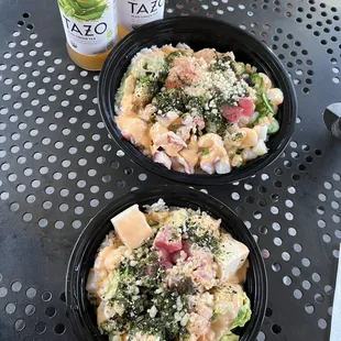 two bowls of food on a table