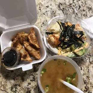 Fried Dumplings, Miso Soup, Build Your Own Large Poke Bowl