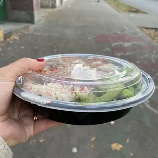 Packed full custom poke bowl, slightly more shallow bowl.