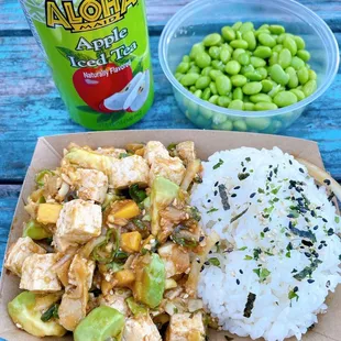 Big Jim with tofu and added mango. Side of edamame and a sweet delicious apple iced tea straight from Hawaii!