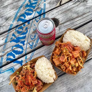 two plates of food on a picnic table