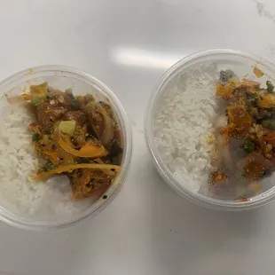 two bowls of rice and vegetables