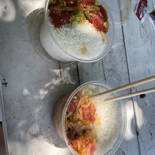 two bowls of food on a table