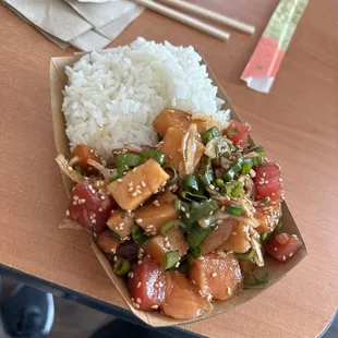 50/50 Poke with a white rice base and the OG Recipe