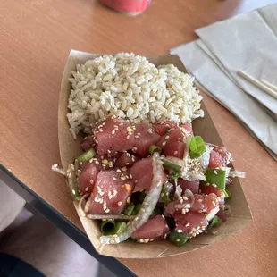 Lil Poke with a brown rice base and the Aloha Poke recipe.