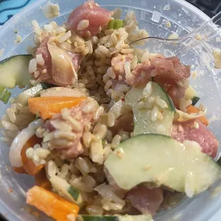 Spicy ahi tuna poke- brown rice, carrots, cucumber, ginger