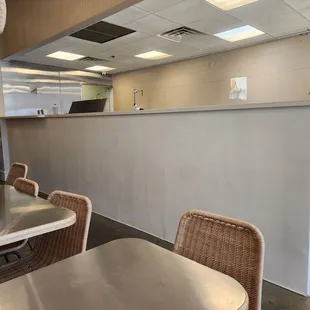 High counter blocks view of food prep.