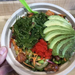 Create your own poke bowl.. regular size- $17ish with avocado and seaweed.