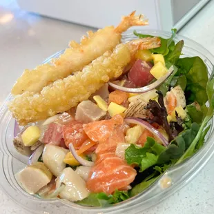 Regular Bowl (3 Proteins) - Shrimp Tempura, Salmon and Seared Alabacore.