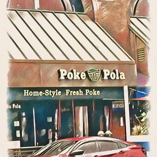 a red car parked in front of a store