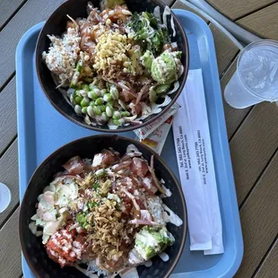 regular bowls! bottom: spicy tuna &amp; tuna, top: tuna, salmon &amp; yellowtail