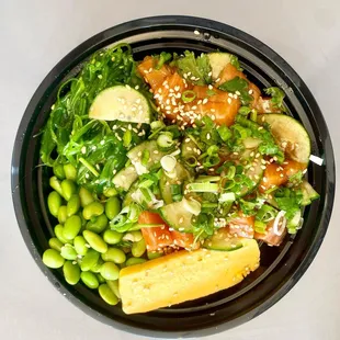 Salmon Poke Bowl with Edamame, Seaweed Salad, and Tamago