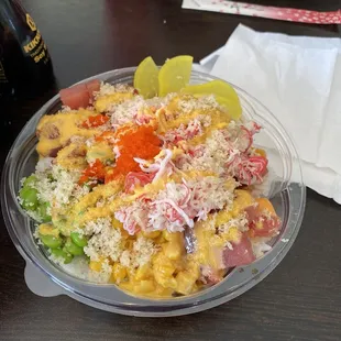 Rice Bowl with 3 Protein Marinated Tuna, Spicy Tuna, Ahi Tuna