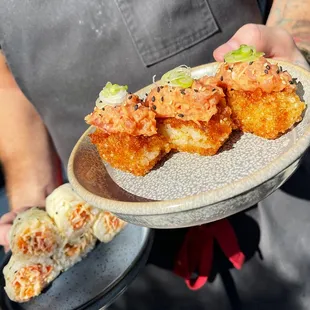 Crispy Tuna - Crispy sushi rice, spicy tuna, scallion, sesame, soy    &amp; The "Sweep the leg!" - Sushi rice, kanikama, soy, buttered ponzu