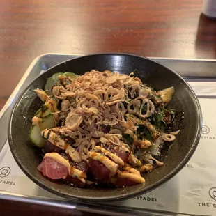 Kid poke. Tuna! Wakame! Cucumber! Shallots! Rice!