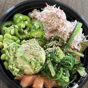 salmon poke bowl, extra krab &amp; avo