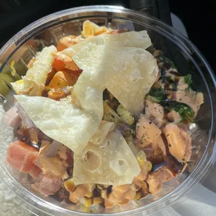 Large custom poke bowl with spicy salmon , spicy tuna and regular salmon