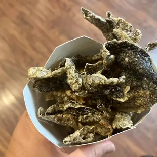 Salmon skin cracklings. So very crispy!