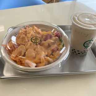 How the food was presented to me Spicy Ahi Poke Milk Tea