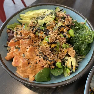 Build your own bowl with spicy salmon and yellow fin