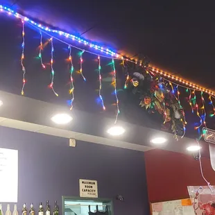 colorful lights hanging from the ceiling