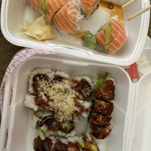 F8. Jessica Roll (-1 piece - delicious, but it was missing tuna), C2. Salmon Skin Roll, and C6. Dragon Roll for takeout.