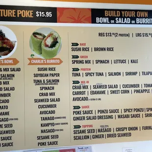 Menu of items offered.