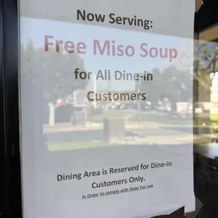 Free miso soup for all dine-in customers promo as of 02/24/2025