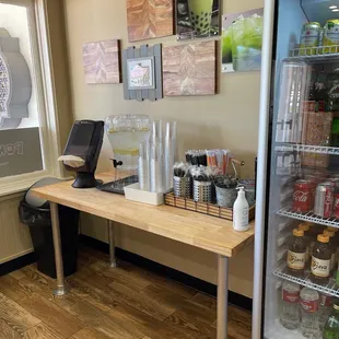 a counter with drinks