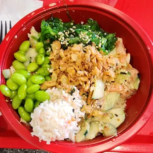 Poke Bowl w/ Shrimp and Salmon. Added all toppings.