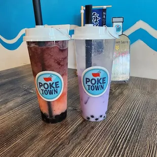 Strawberry and Blueberry Ice Blended Boba and a Taro Milk Tea