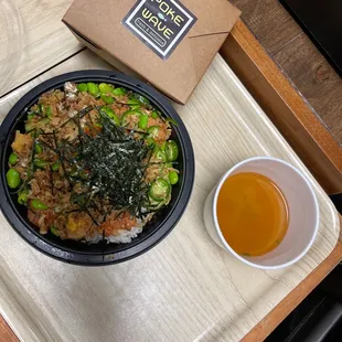 Miso Soup, Chips, and Poke Bowl