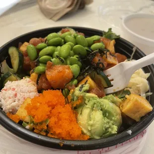 Poke bowl with two salmon, tamago, and spicy tuna